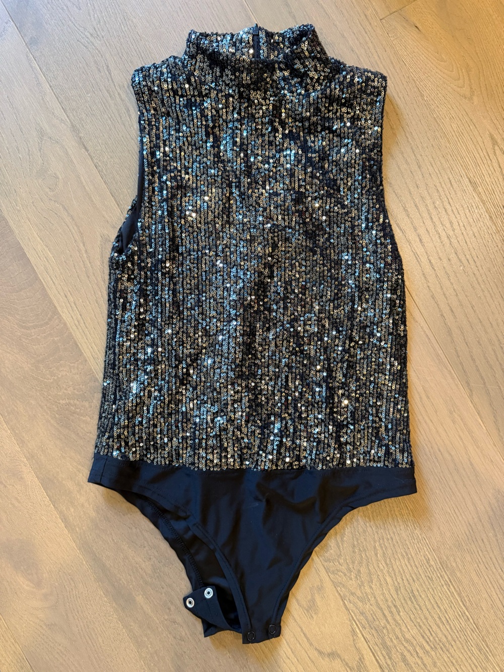 BB Dakota Sequin Mock Neck Black Silver Bodysuit